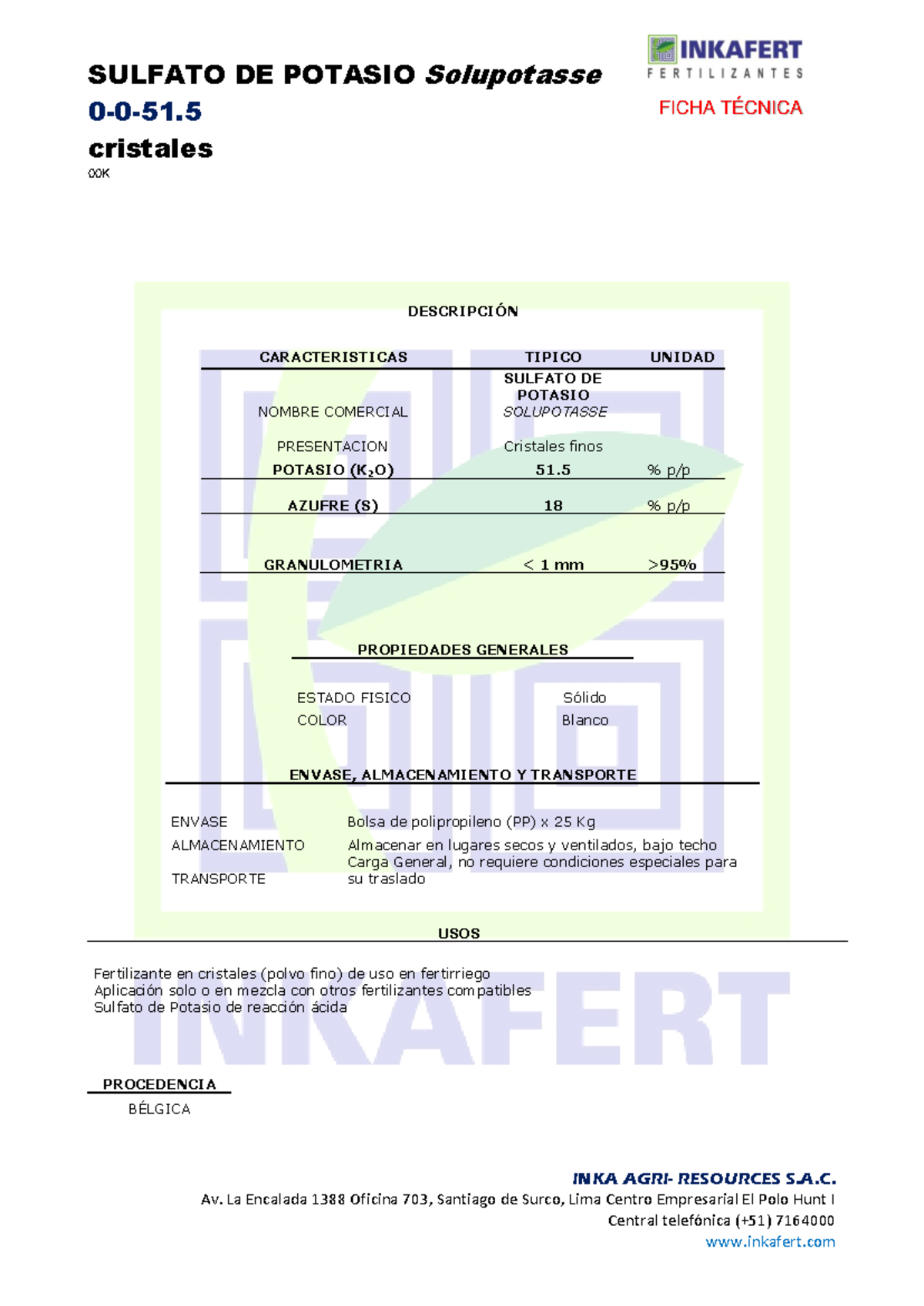 Fichas Técnicas: Sulfato de Potasio Cristales - Inka Agri Recursos - Document Preview