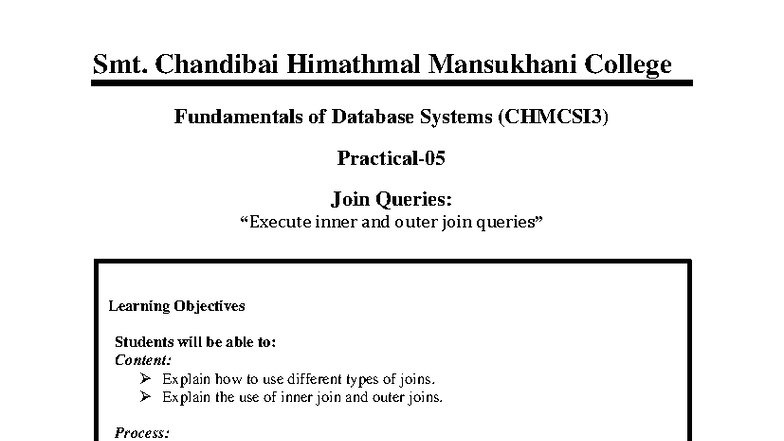 Fundamentals of Database Systems (CHMCSI3) Practical Queries 05-10 ...