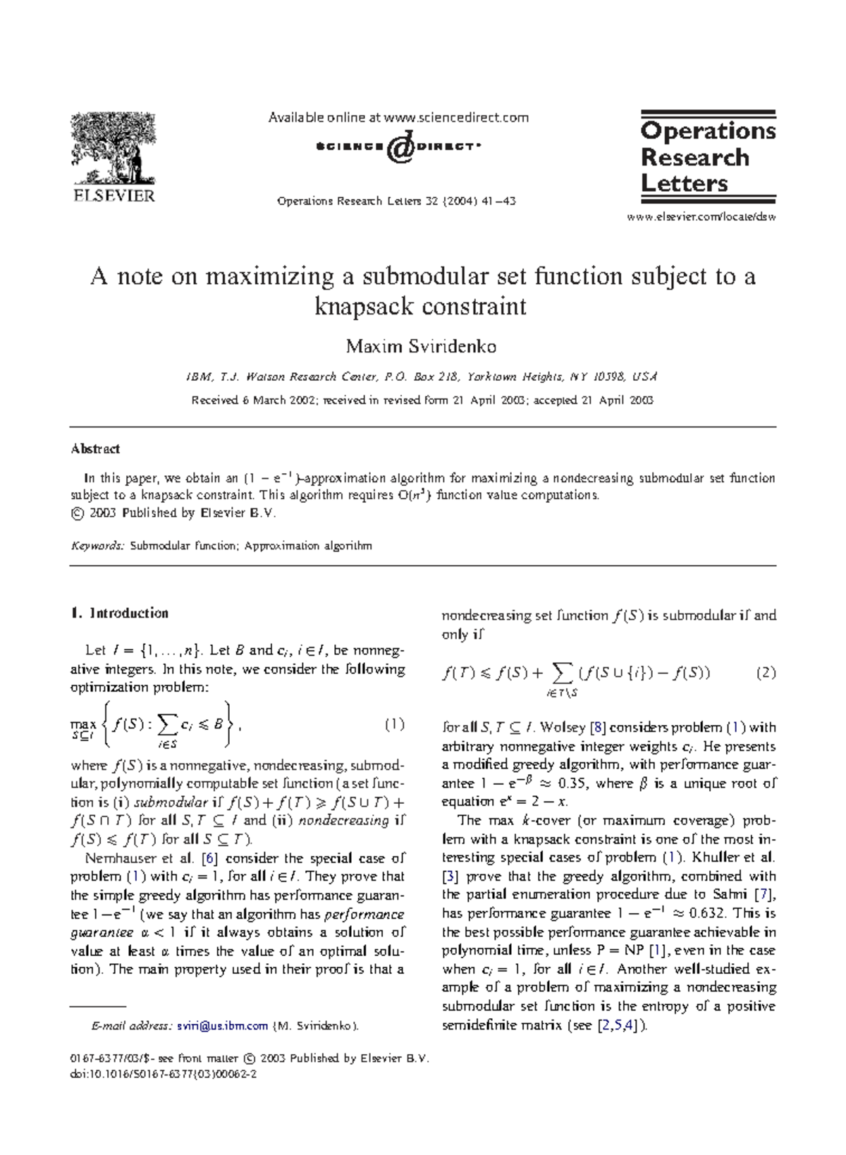 Sviridenko 2004: Maximizing Submodular Functions with Knapsack ...