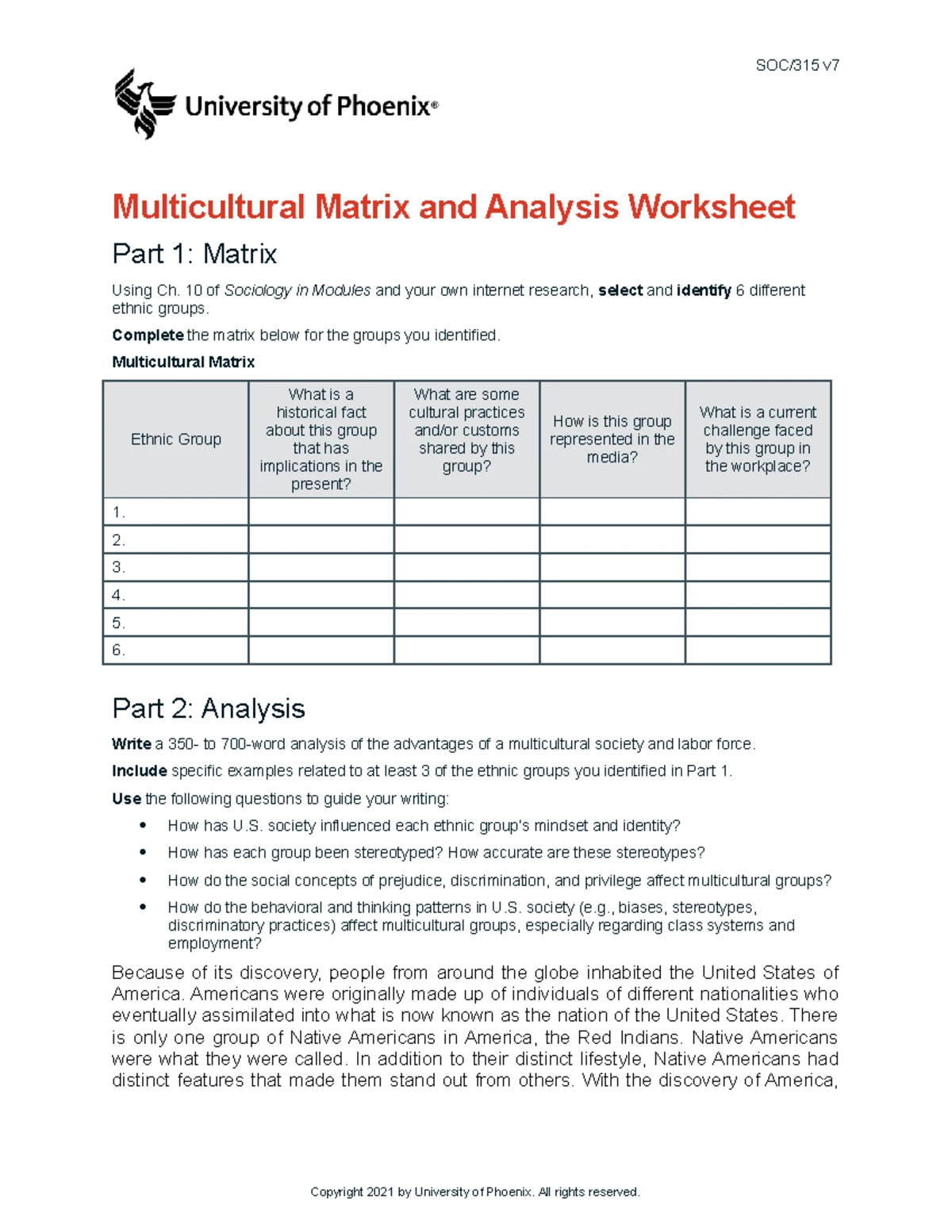 SOC/315 v7 wk3 Multicultural Matrix & Analysis Worksheet Guide - Studocu