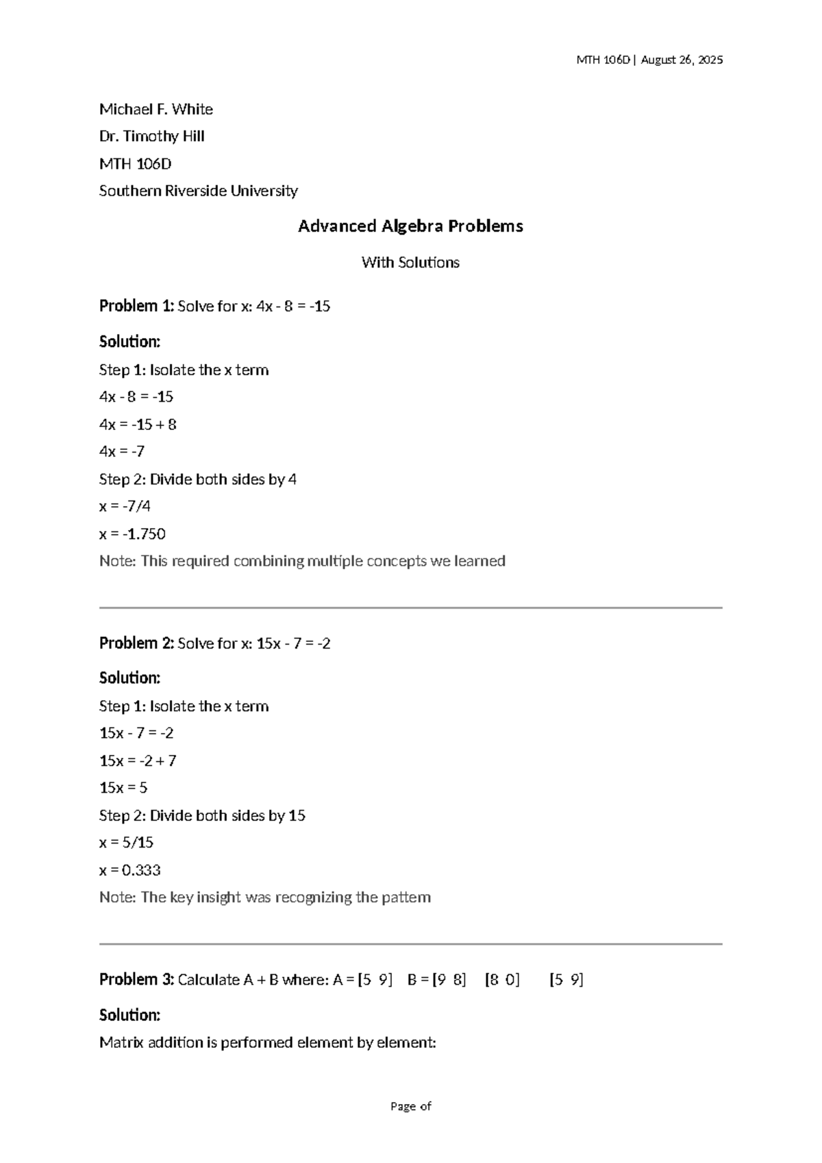 MTH 106D Advanced Algebra Problems & Solutions - Fall 2025 - Studocu