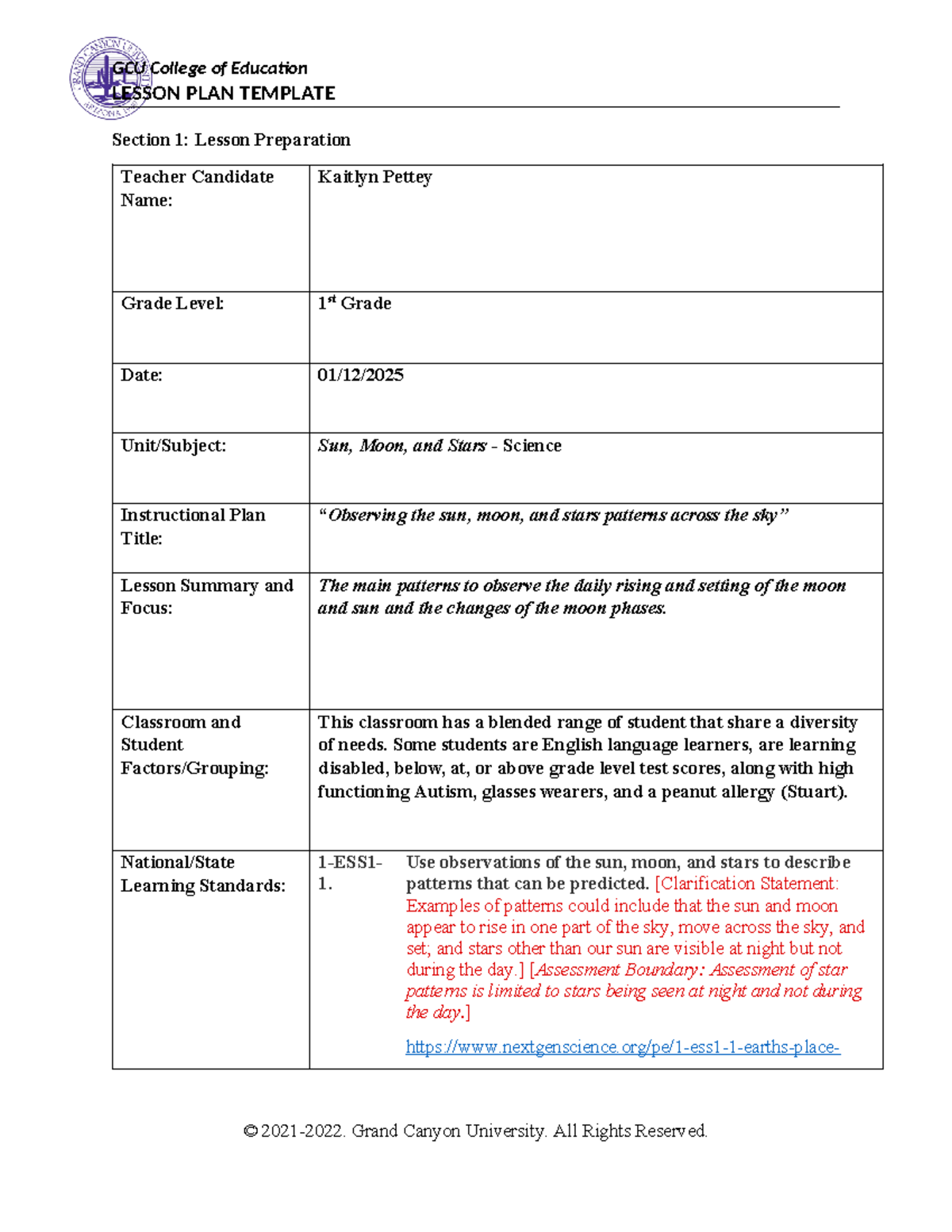 Lesson Plan ELM 210 - LESSON PLAN TEMPLATE Section 1: Lesson ...