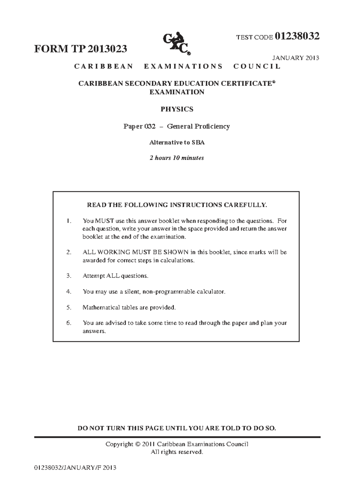CSEC Physics P32 2013 January Exam Paper - General Proficiency - Studocu