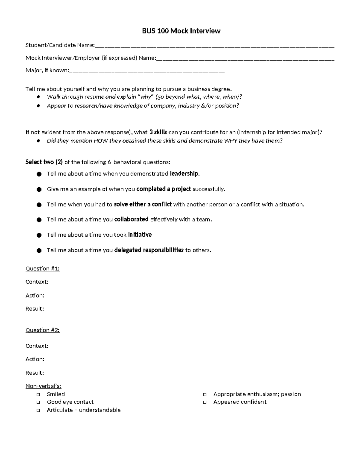 BUS 100 Mock Interview Feedback Form and Guidelines - Studocu