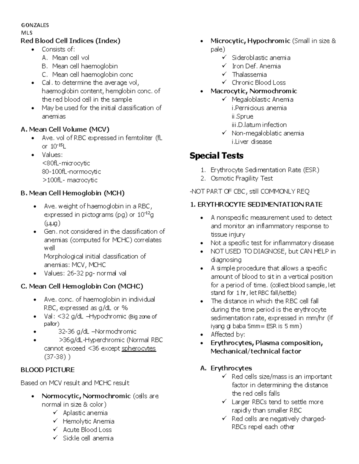 RBC Indices Lecture Summary - MLS Hematology Overview and Tests - Studocu