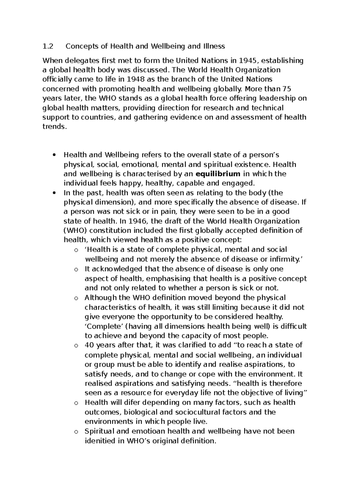 1.2 Lecture Notes: Concepts of Health, Wellbeing, and Illness - Studocu