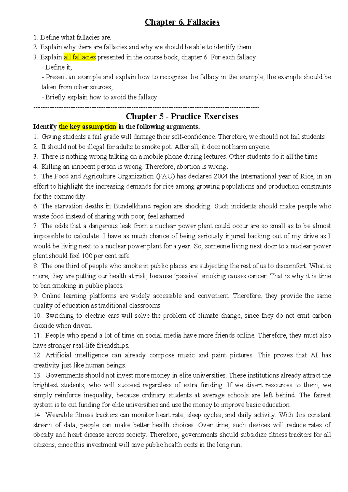 Chapter 6: Understanding Fallacies and Practice Exercises (Ch. 5) - Studocu