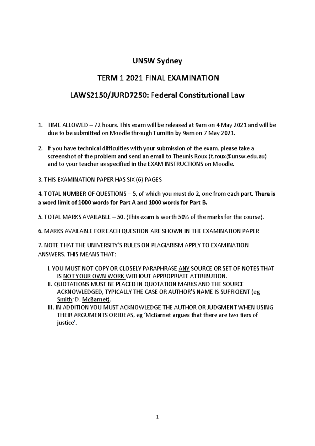 LAWS2150/JURD7250 Federal Constitutional Law Final Exam T1 2021 Past ...