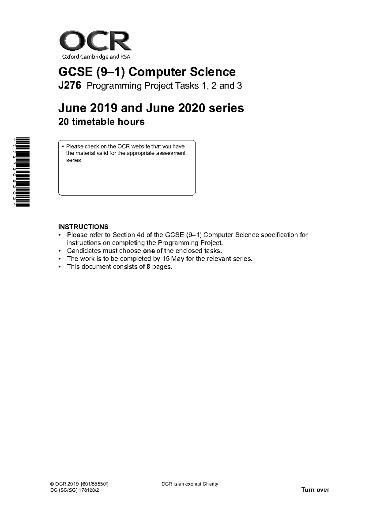 J276 GCSE Computer Science Programming Project Tasks for June 2019 ...