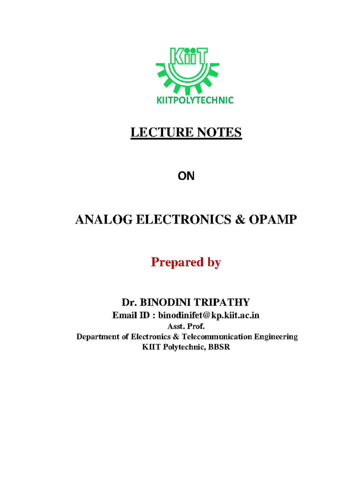 KIITPOLYTECHNIC LECTURE NOTES ON ANALOG ELECTRONICS OPAMP - Studocu
