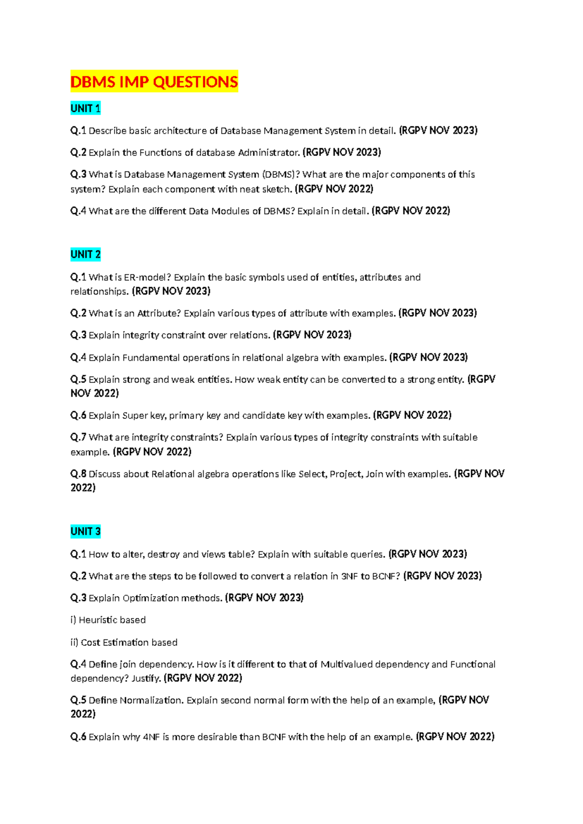 DBMS Important Questions for RGPV NOV 2023 - Unit 1 to Unit 3 - Studocu