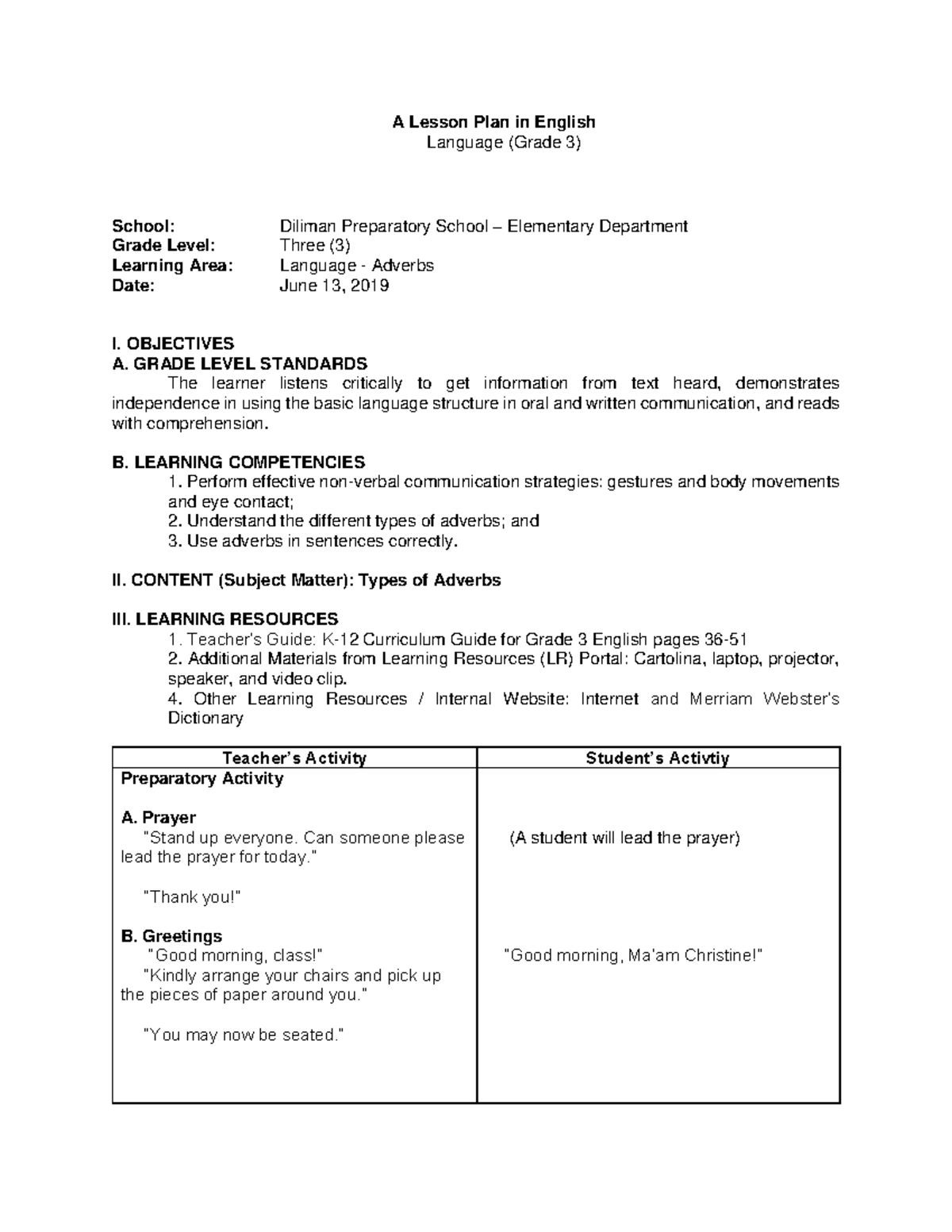 Adverbs and Their Types: A Grade 3 Lesson Plan - Studocu