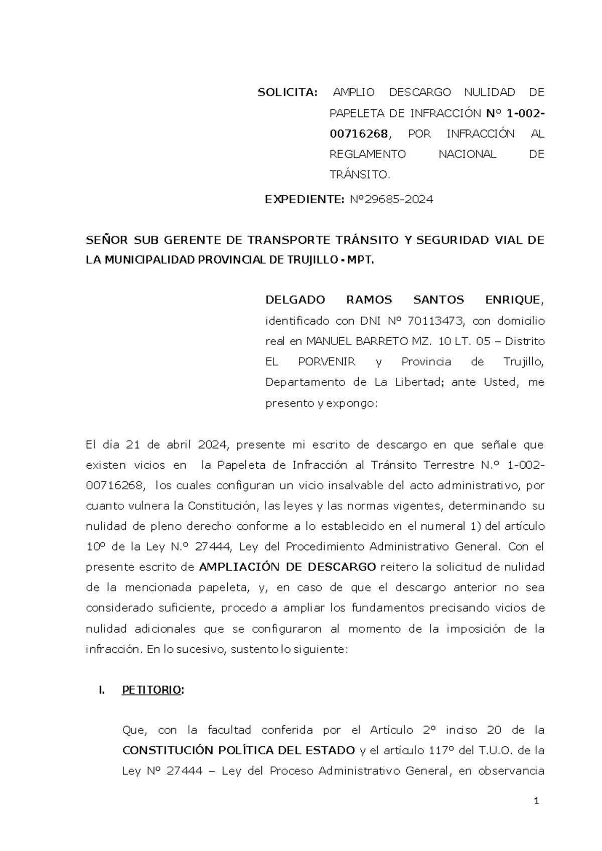 Ampliación de Descargo por Nulidad de Papeleta de Infracción M03 - Document Preview