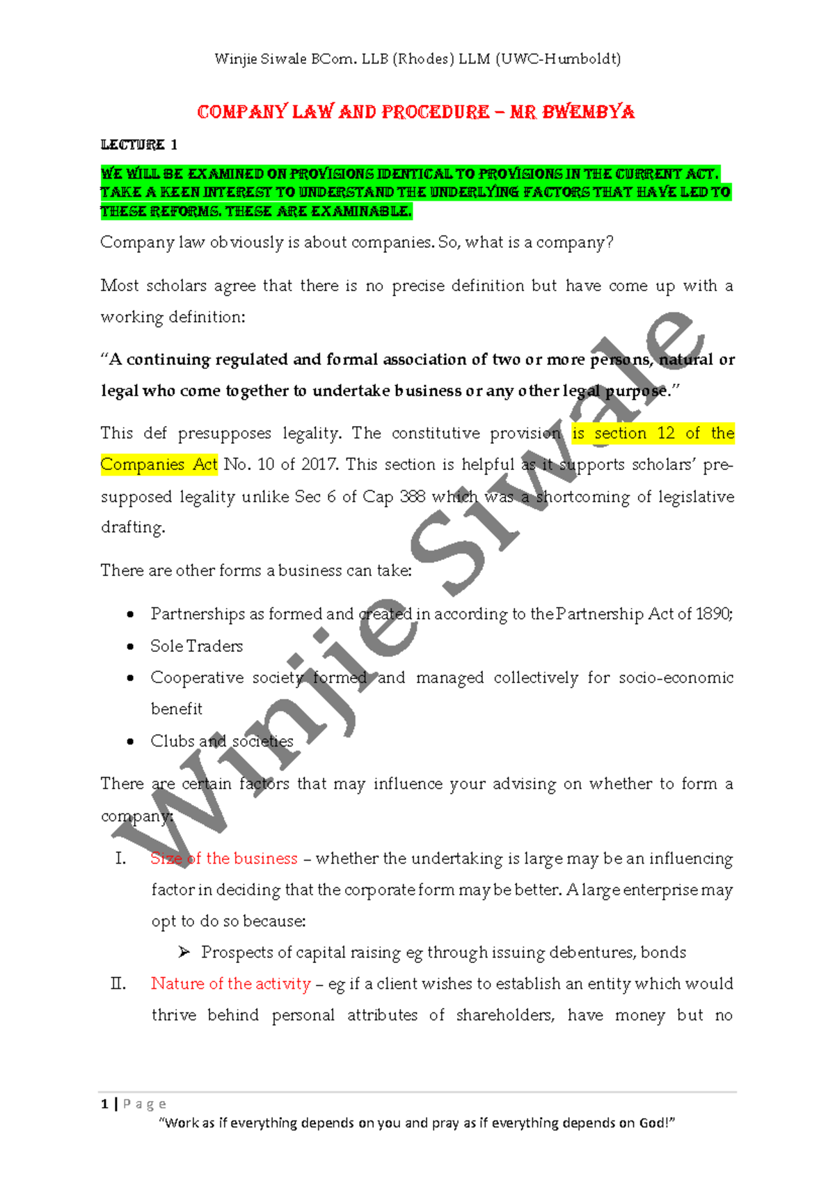 Company Law & Procedure Consolidated Lecture Notes (Law 101) - Studocu