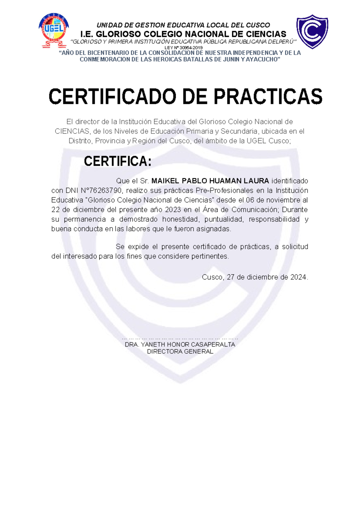 Certificado de Prácticas Pre-Profesionales 2024 en Comunicación - Document Preview