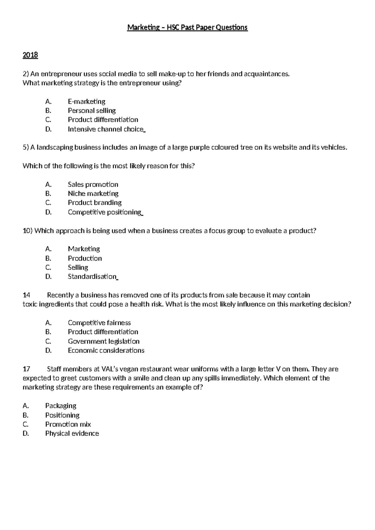 Marketing HSC Past Paper Questions 2018: Strategies & Analysis - Studocu
