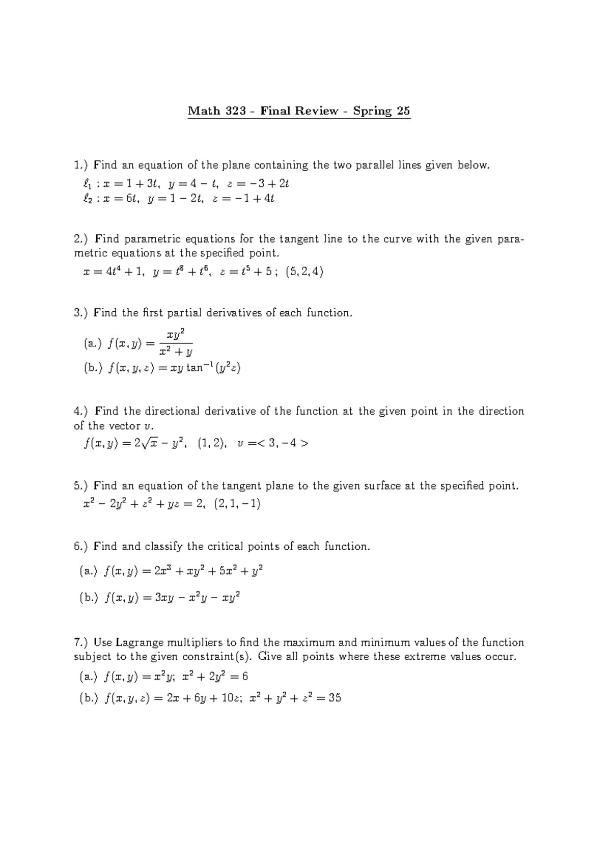Math 323 - Final Review - Spring 25 - Math 323 - Final Review - Spring ...