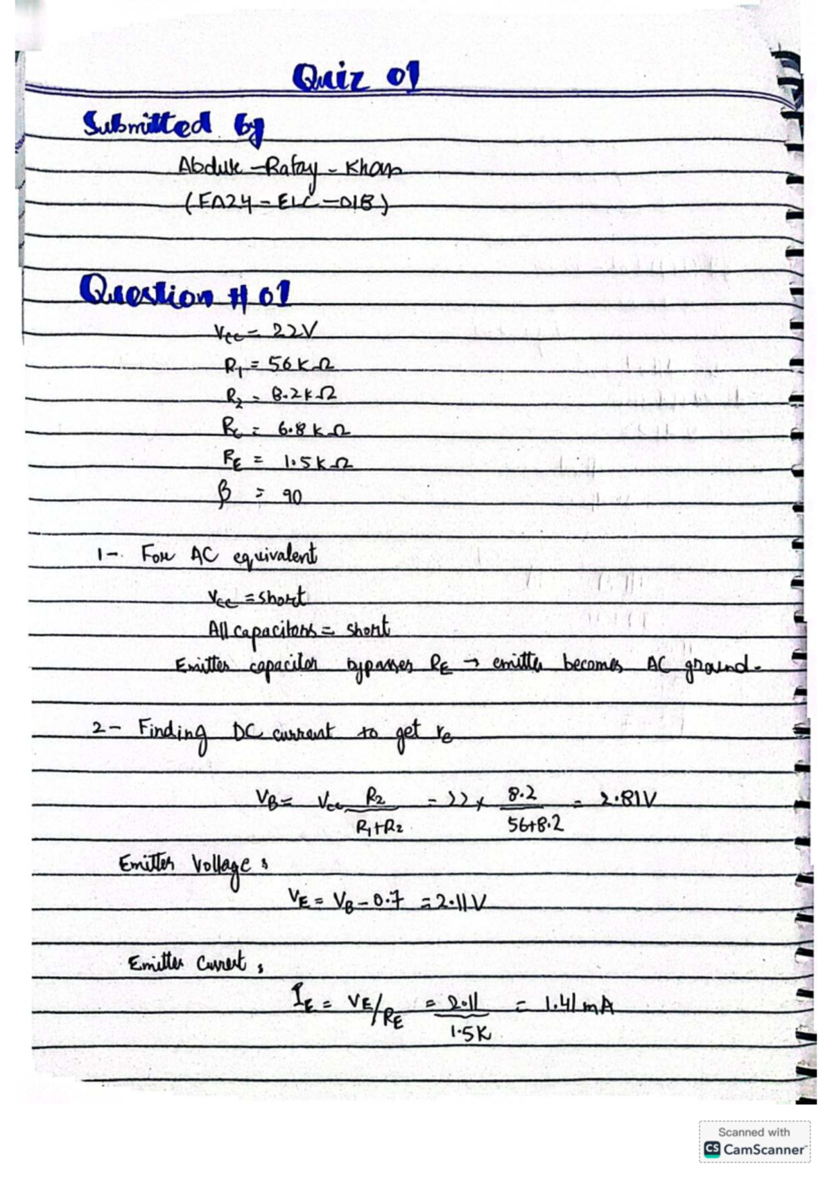 Quiz 1 (E2) - Solved Transistor Problem for Understanding - Studocu