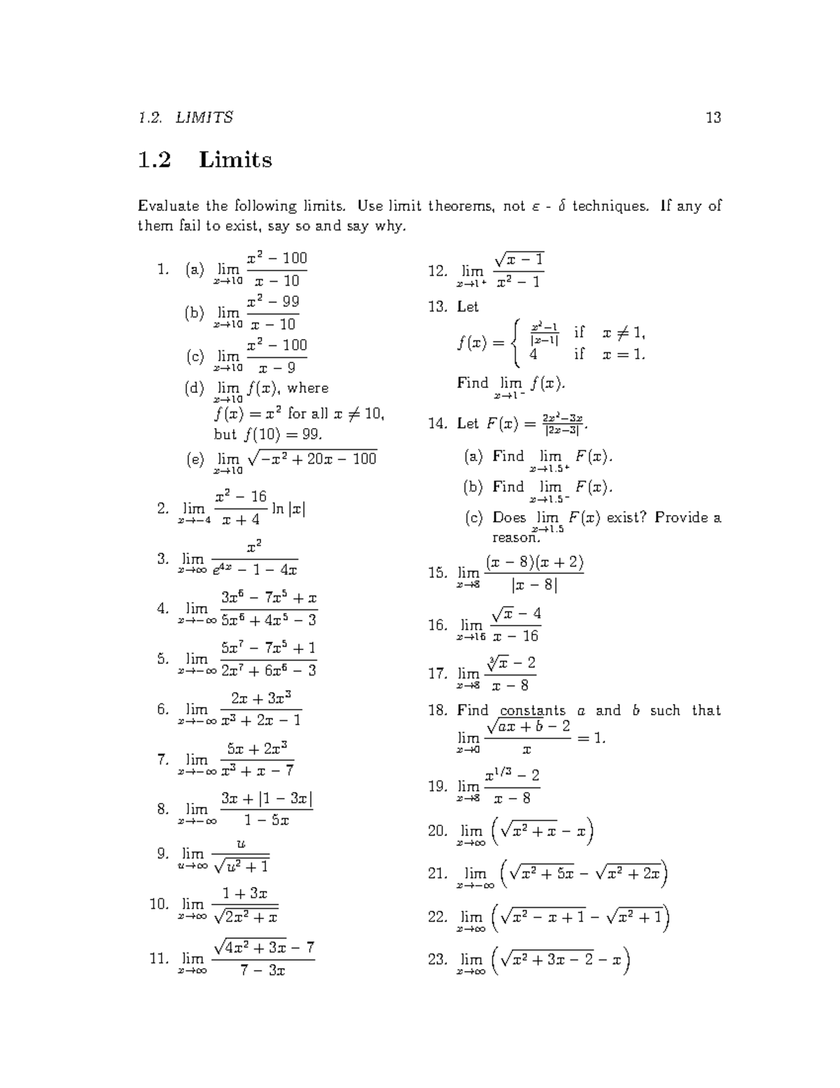 Limits Practice - Calculus 1 - 1. LIMITS 13 1 Limits Evaluate the ...