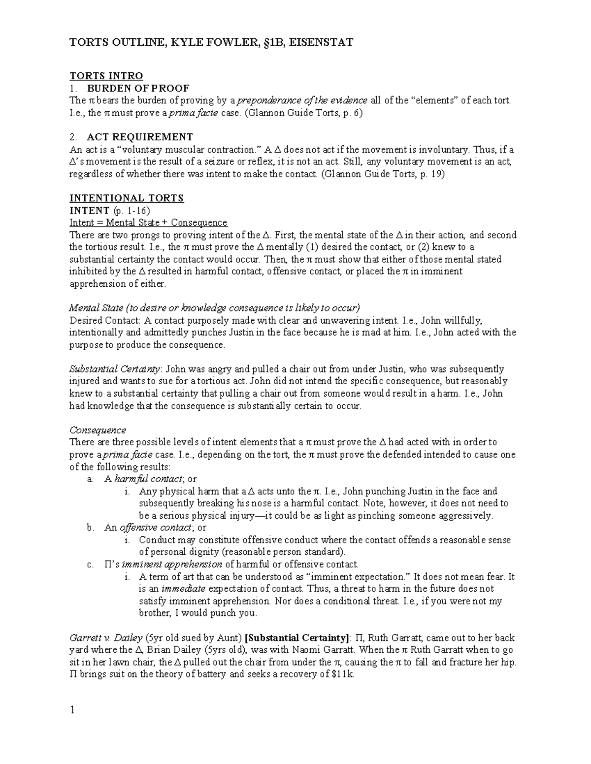 Torts Outline: Key Concepts and Case Summaries for EISENSTAT Course ...