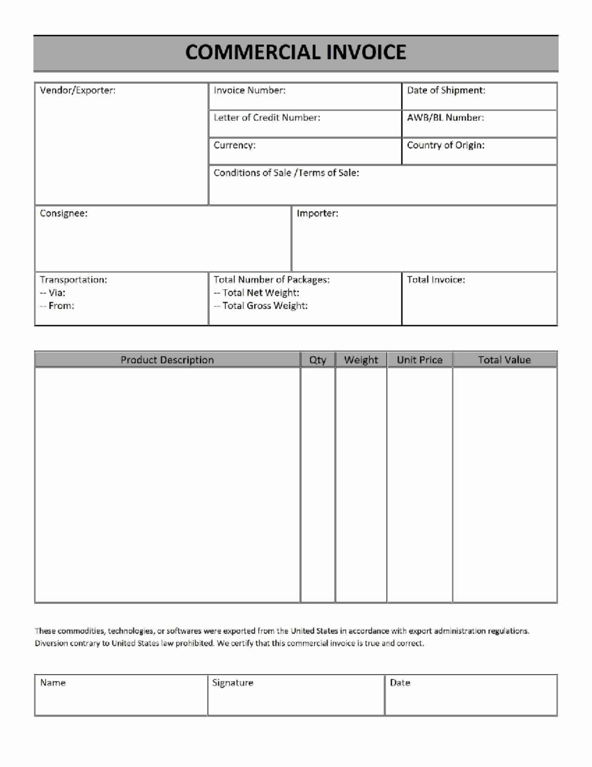 COMMERCIAL INVOICE TEMPLATE - Modelo FC Comercial en blanco - Studocu