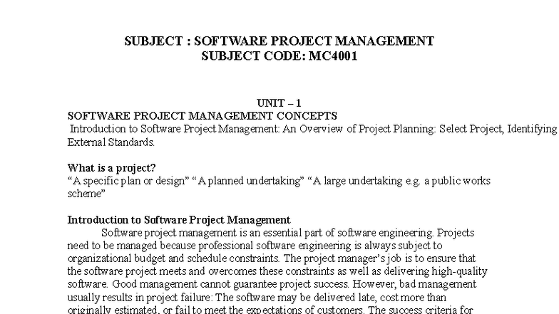 SPM MC4001 Notes: Software Project Management Concepts Overview - Studocu