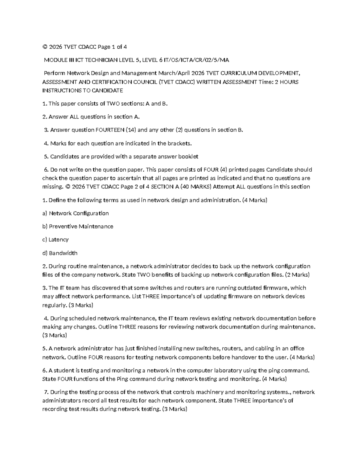 2026 TVET CDACC Module ICT Technician Level 5 & 6: Network Design ...
