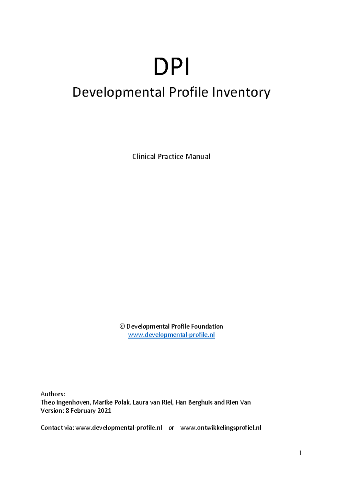 DPI 2021 clinical practice manual: Developmental profile inventory ...
