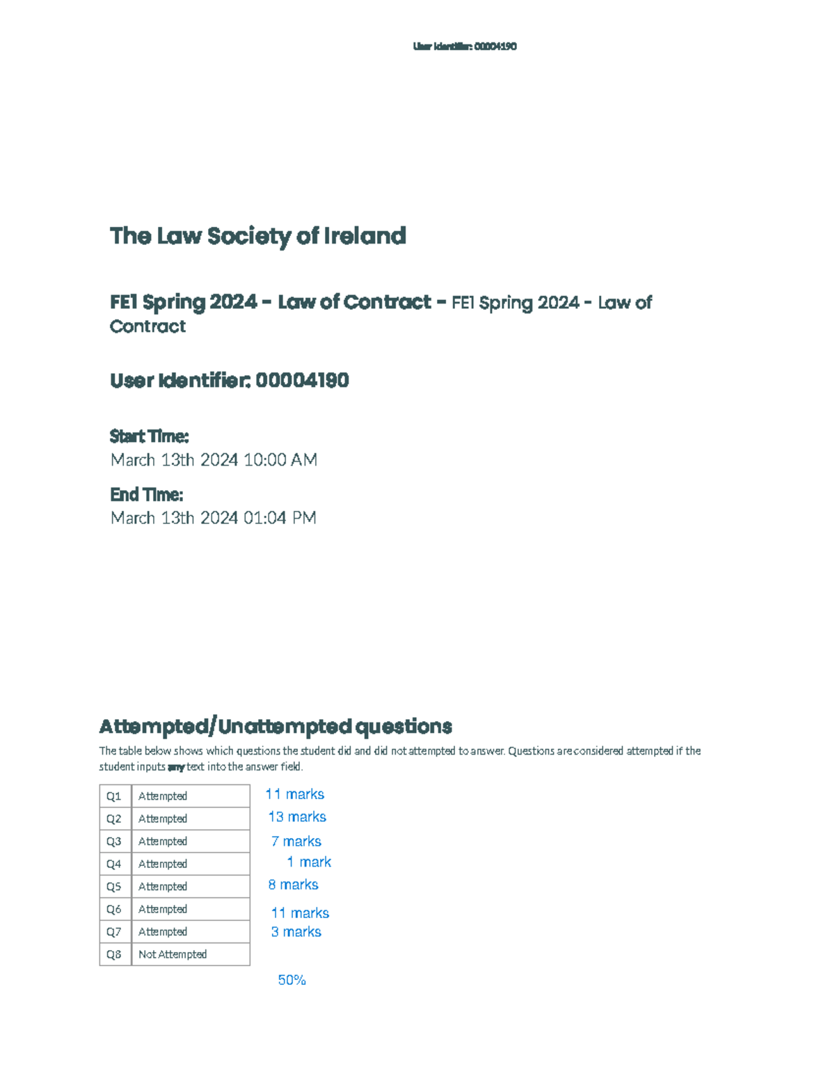 User Identifier: FE1 Spring 2024 Law of Contract Exam Questions and ...