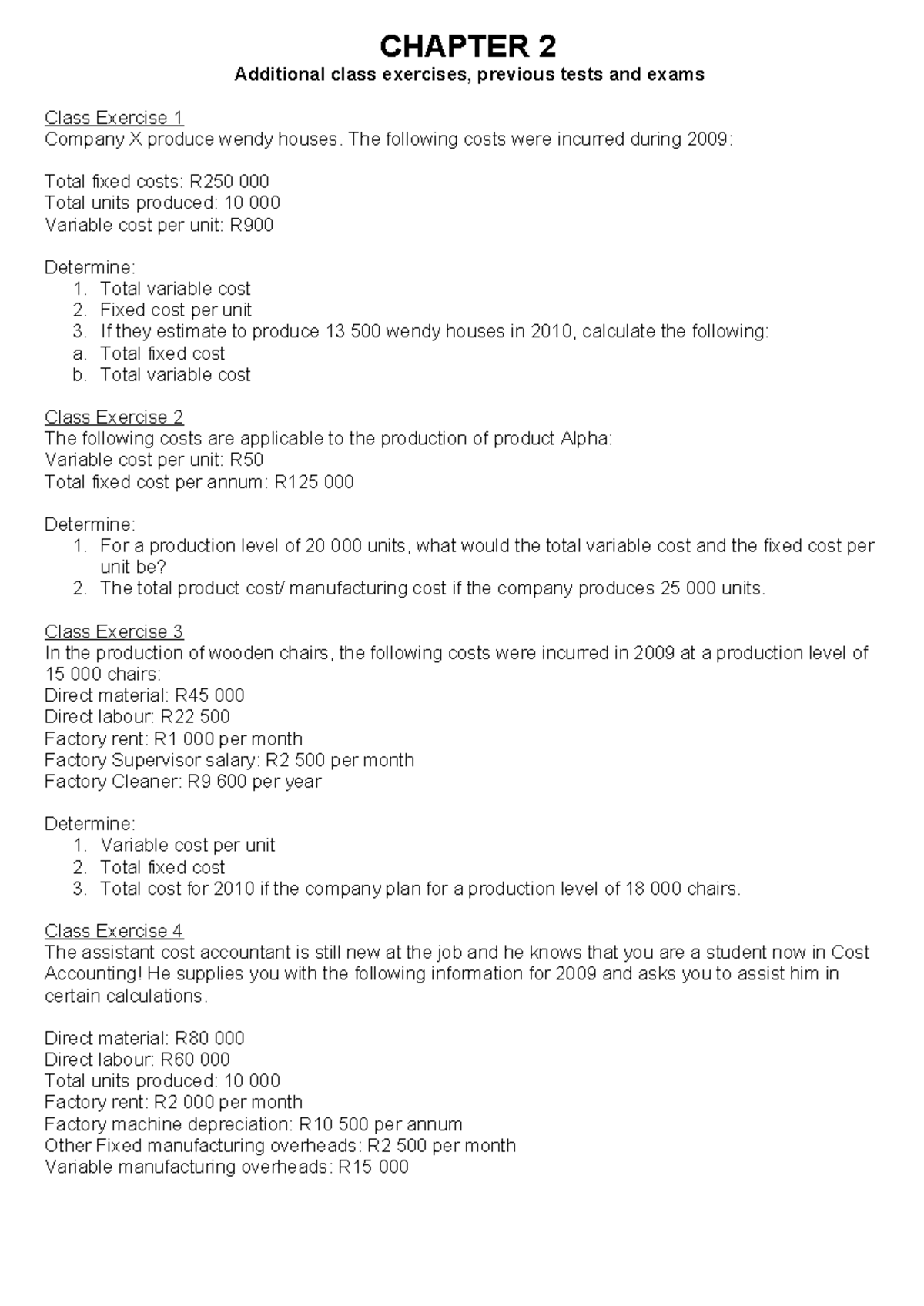 CHAPTER 2 Cost Accounting Exercises and Previous Tests - Studocu