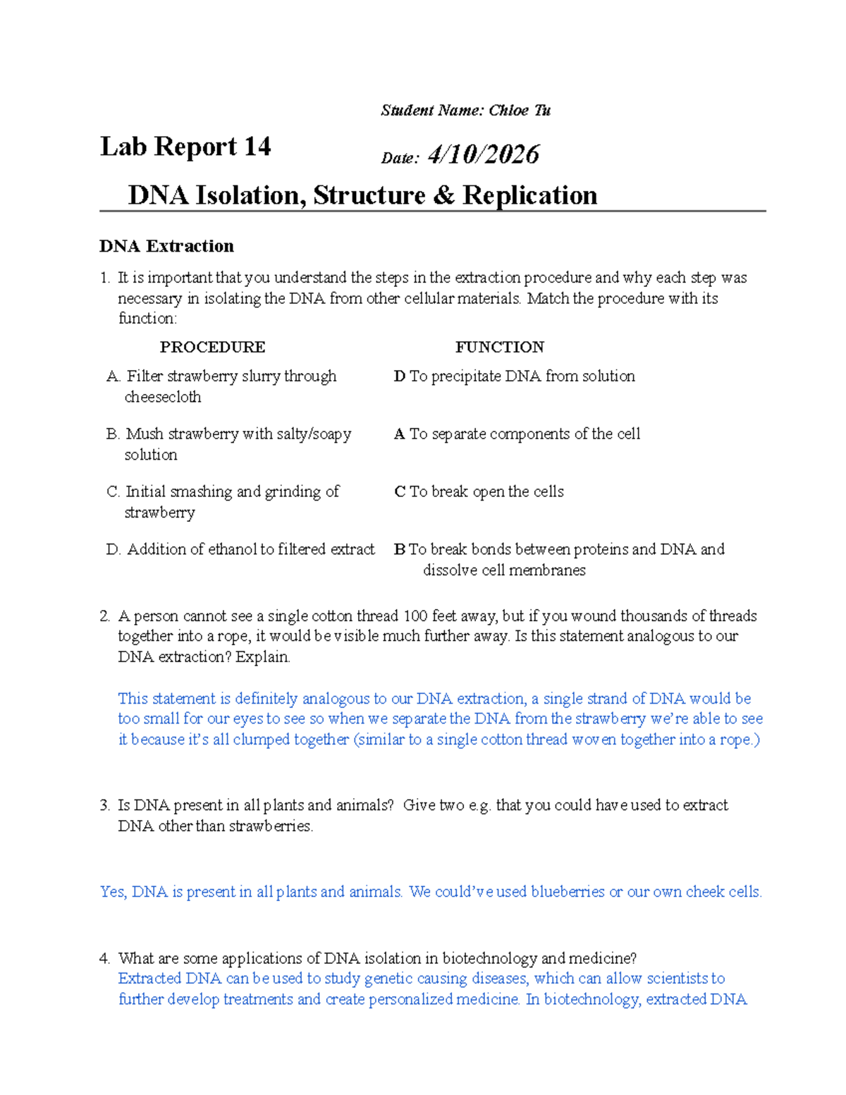 DNA Isolation Lab Report (Lab 14) - Structure & Replication Insights ...