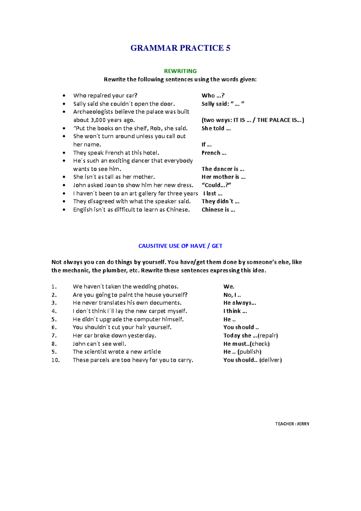 Grammar Practice 5: Sentence Rewriting and Causative Use Exercises ...