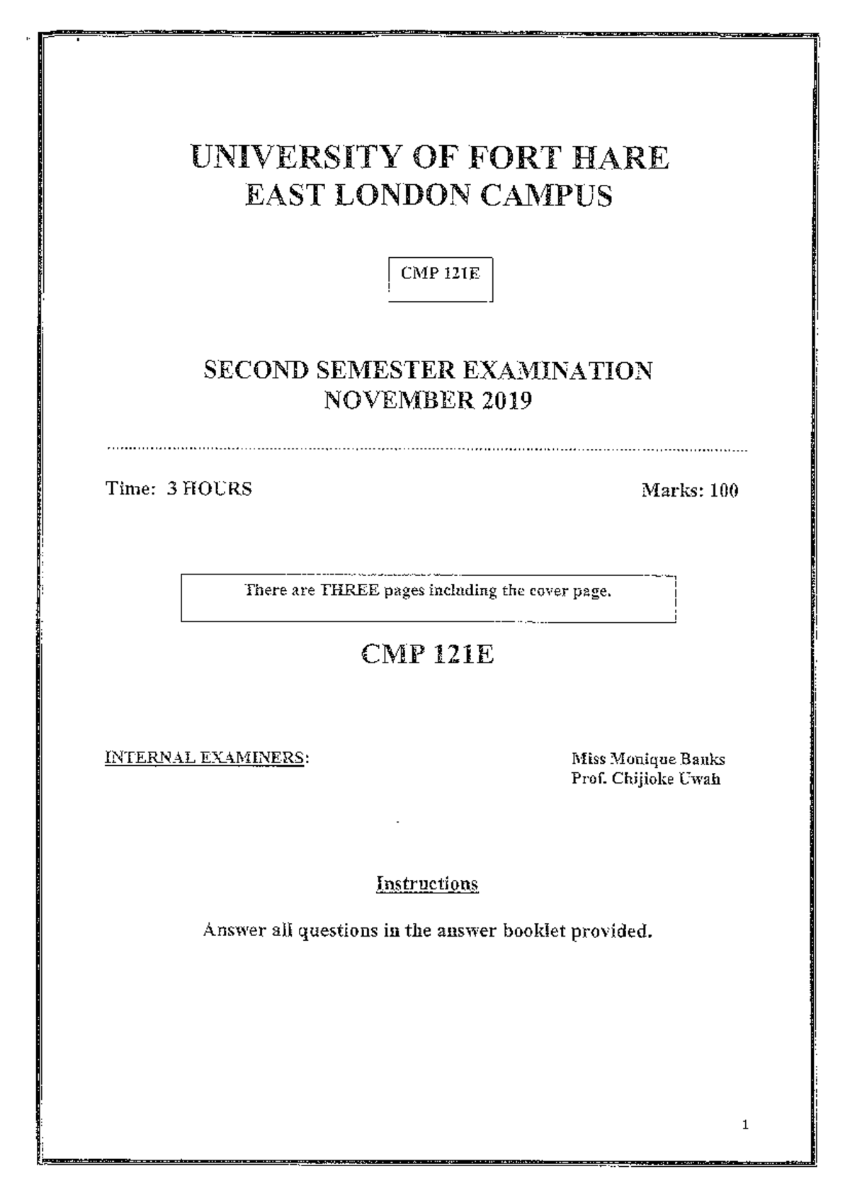 CMP 121E Second Semester Exam November 2019 - Report & Communication ...