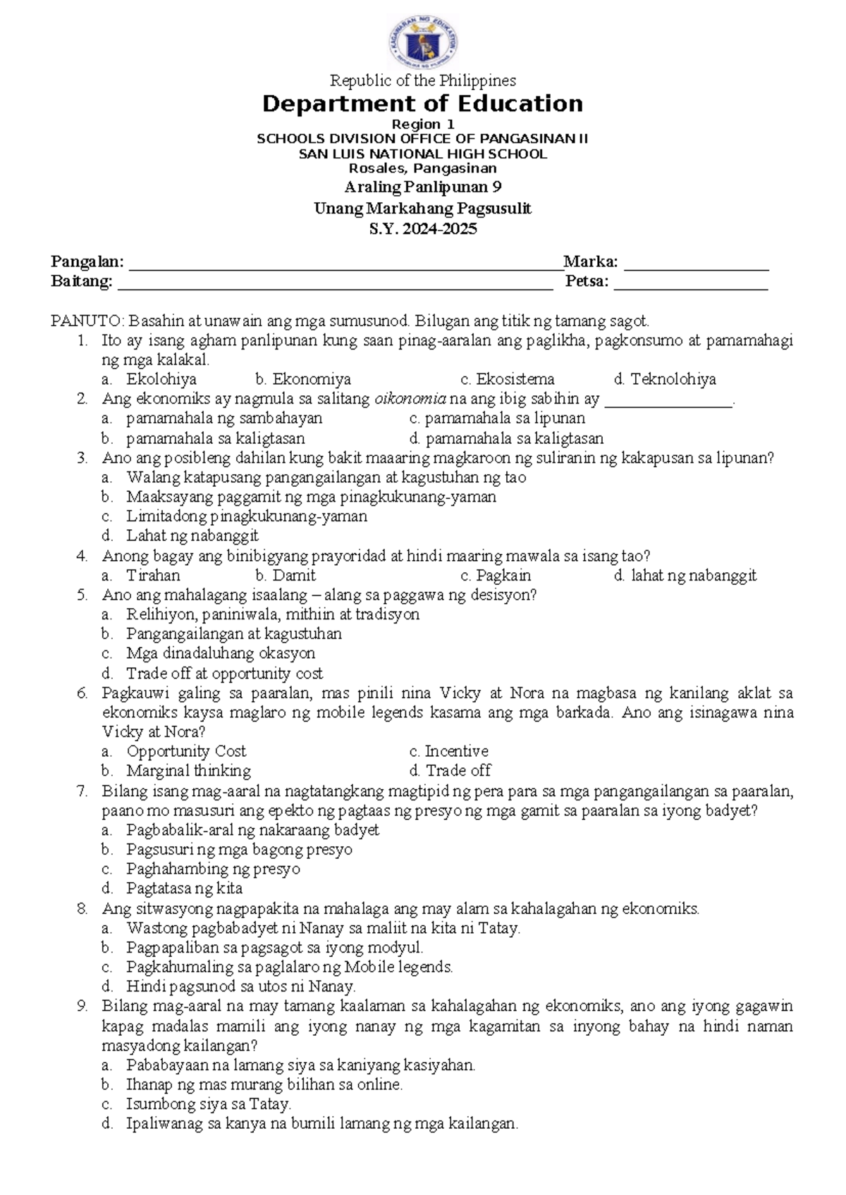 AP EXAM - exam in AP - Republic of the Philippines Department of ...