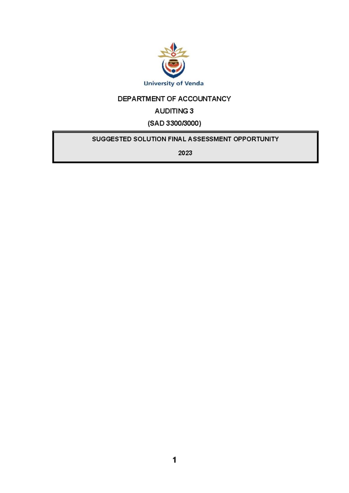 2023 SAD 3300 Auditing Suggested Solutions for Final Assessment - Studocu