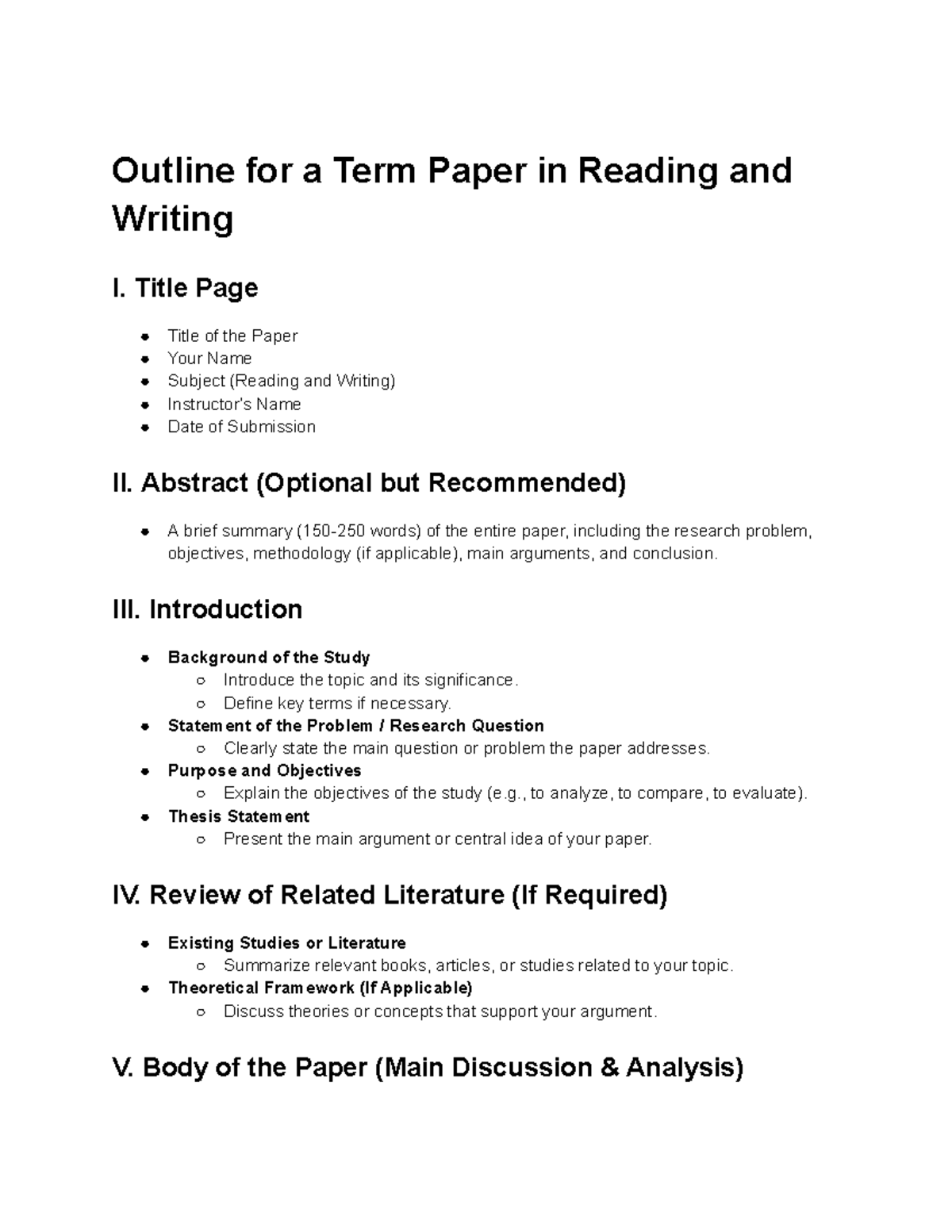 Outline for a Term Paper in Reading and Writing - Title Page Title of ...