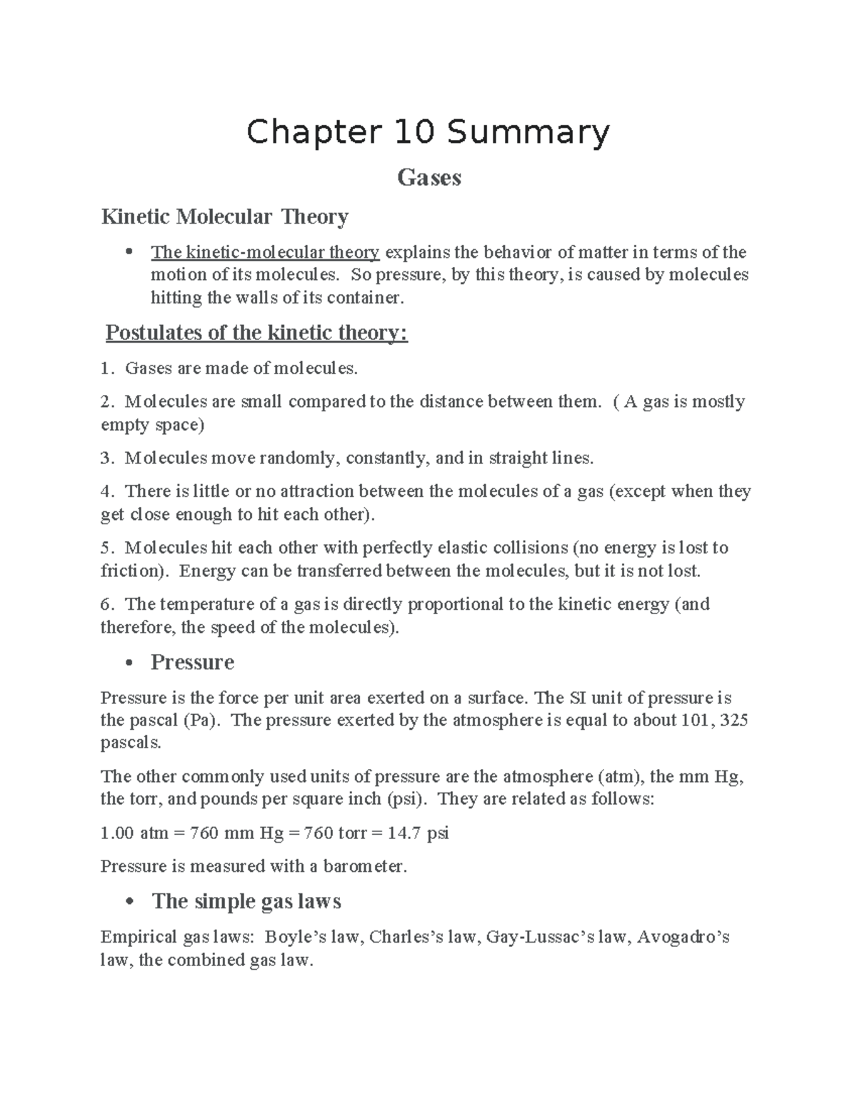 Chem 10: Chapter 10 Summary - Gases and Kinetic Molecular Theory Notes ...