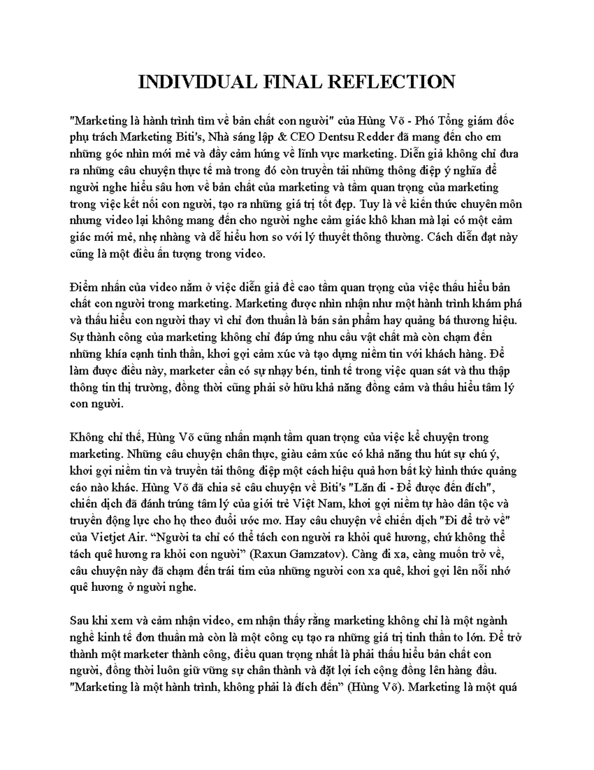 Marketing Principles Reflection - INDV Essay (Final) - Studocu