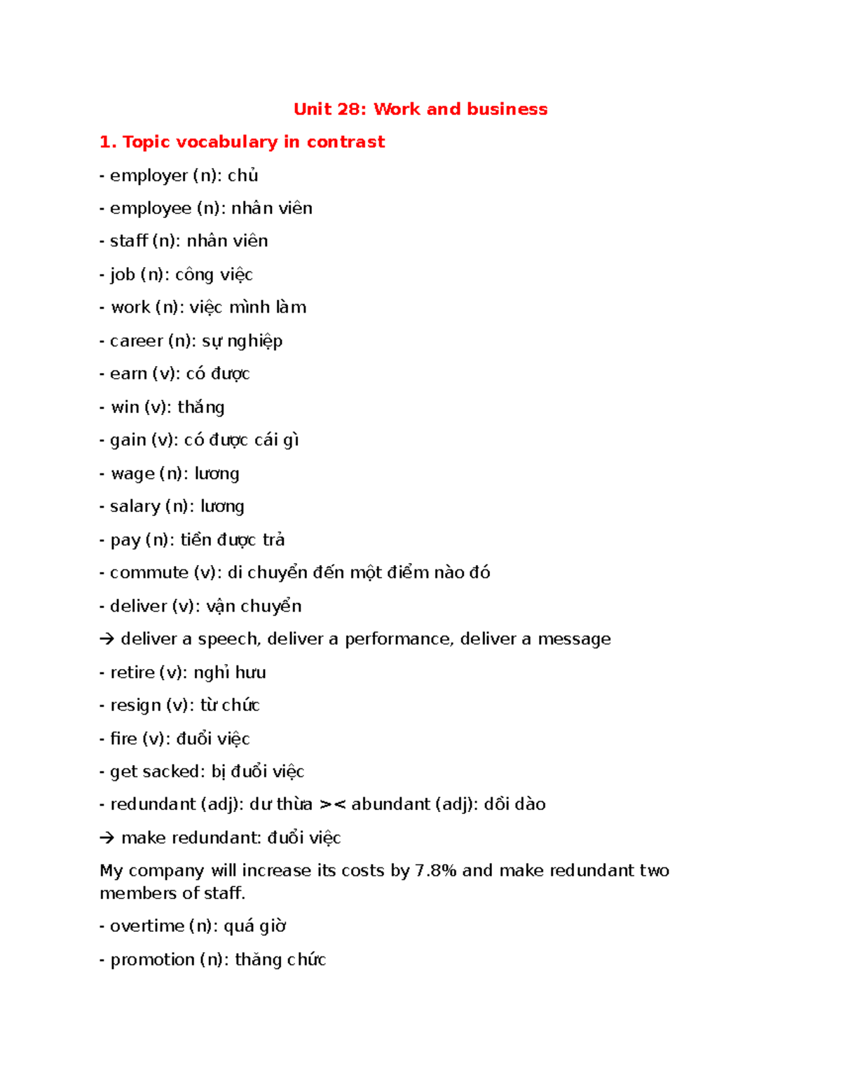B2 - Unit 28: Work and Business Vocabulary Guide - Studocu