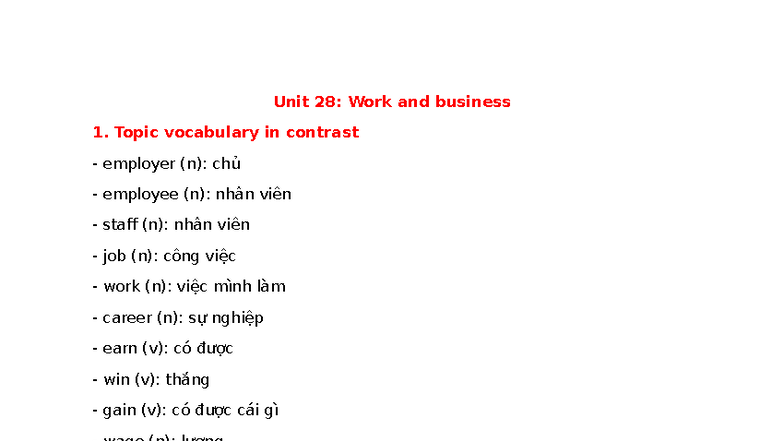 B2 - Unit 28: Work and Business Vocabulary Guide - Studocu
