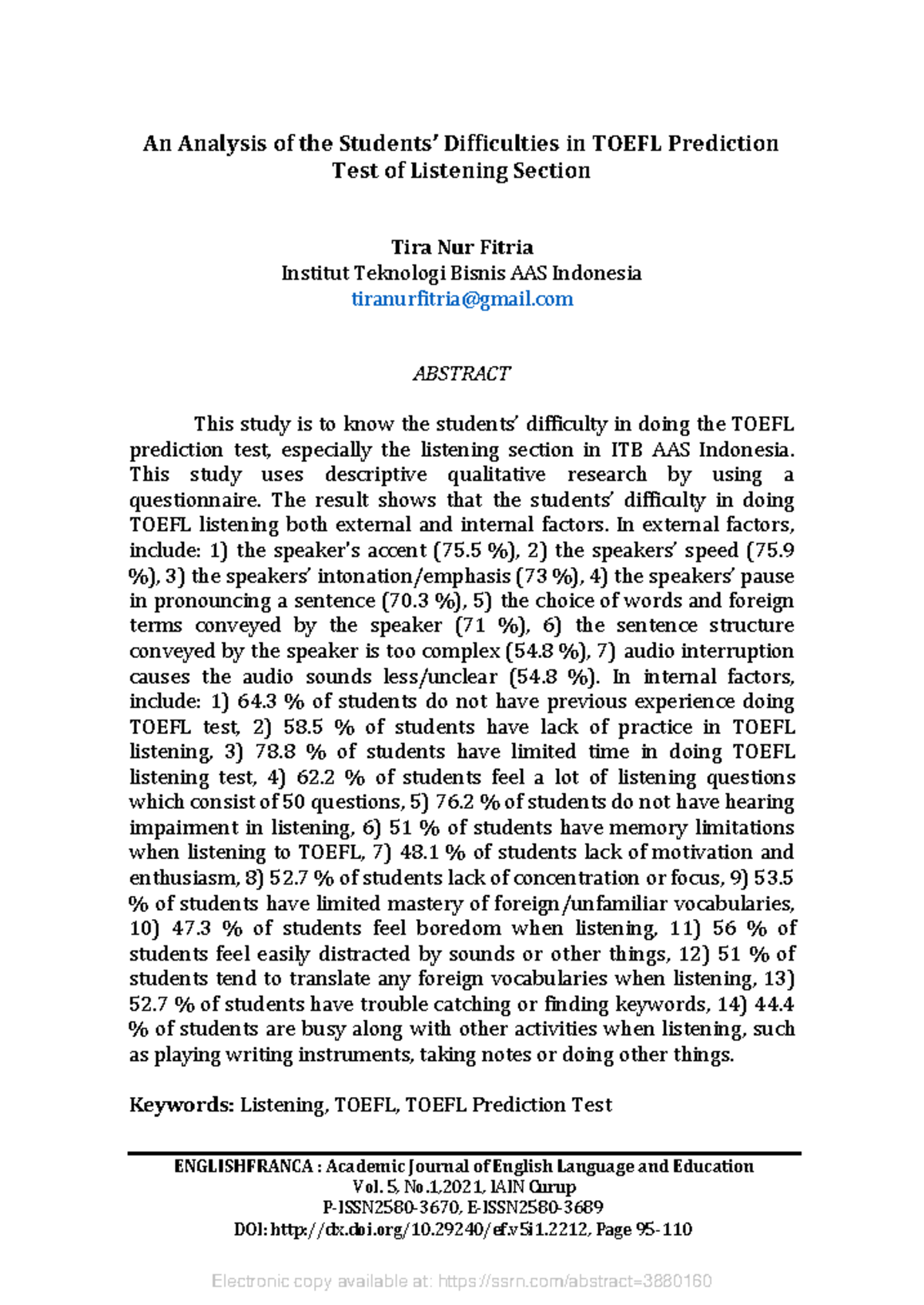 An Analysis of Students' TOEFL Listening Difficulties (SSRN-id3880160 ...