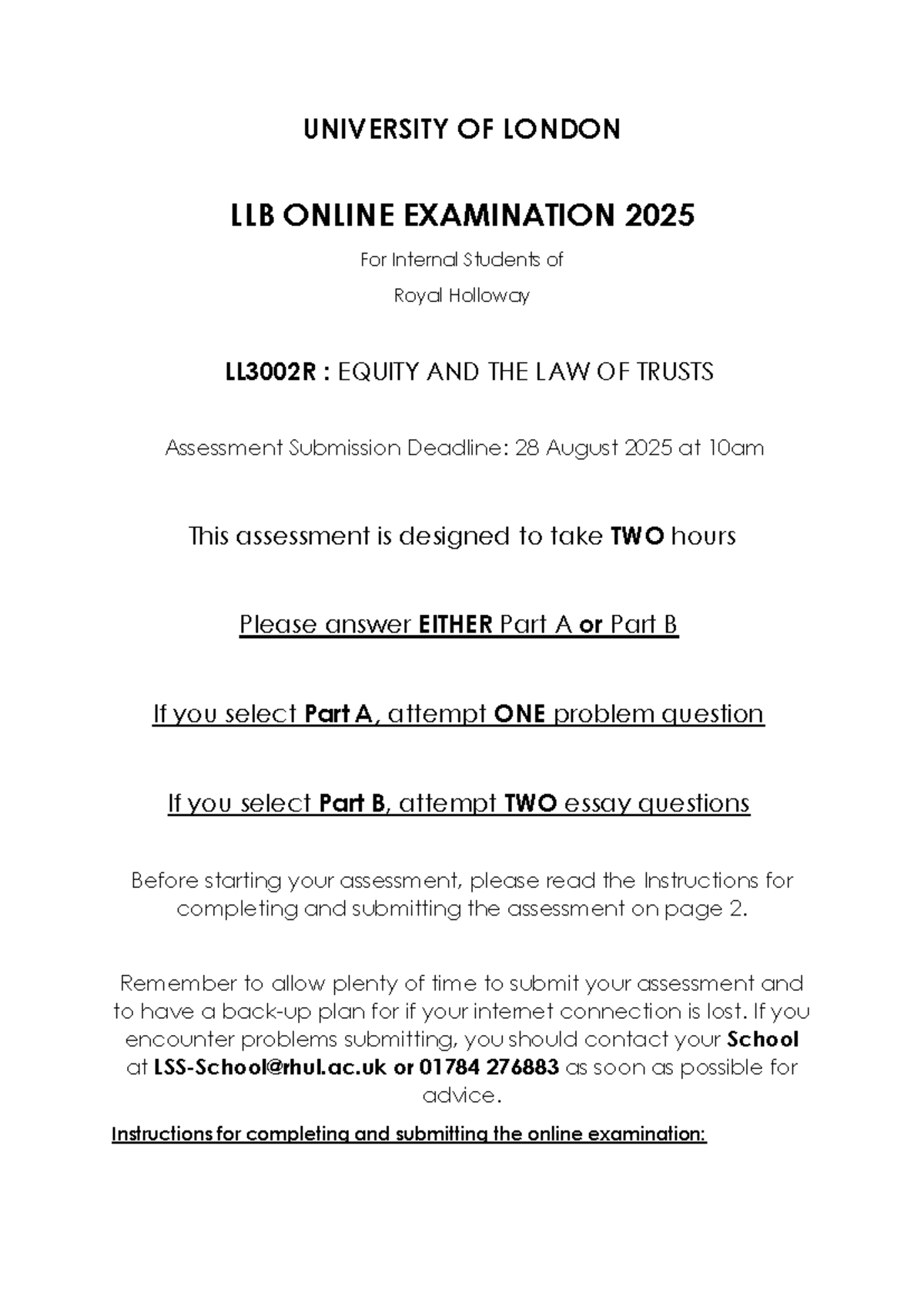 LL3002R Equity and Trusts Summer Online Exam Guidelines 2025 - Studocu