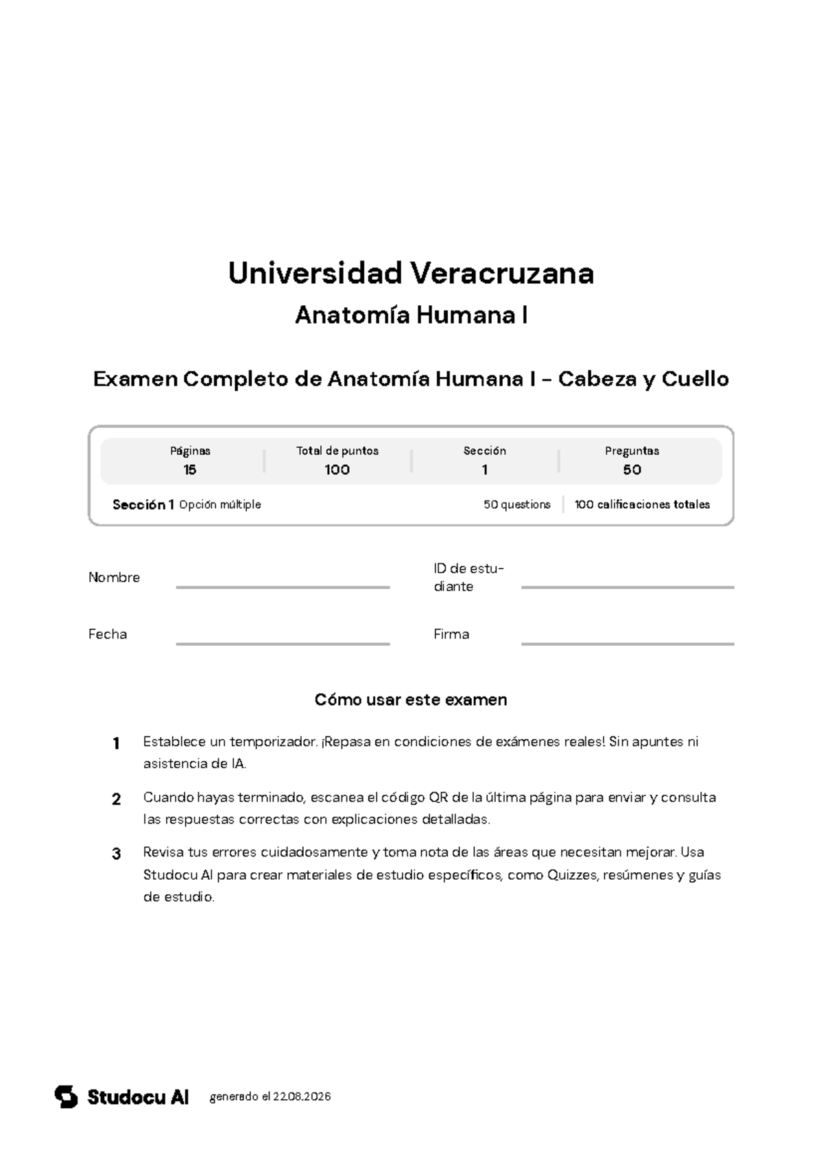 Examen Completo de Anatomía Humana I - Cabeza y Cuello - Studocu
