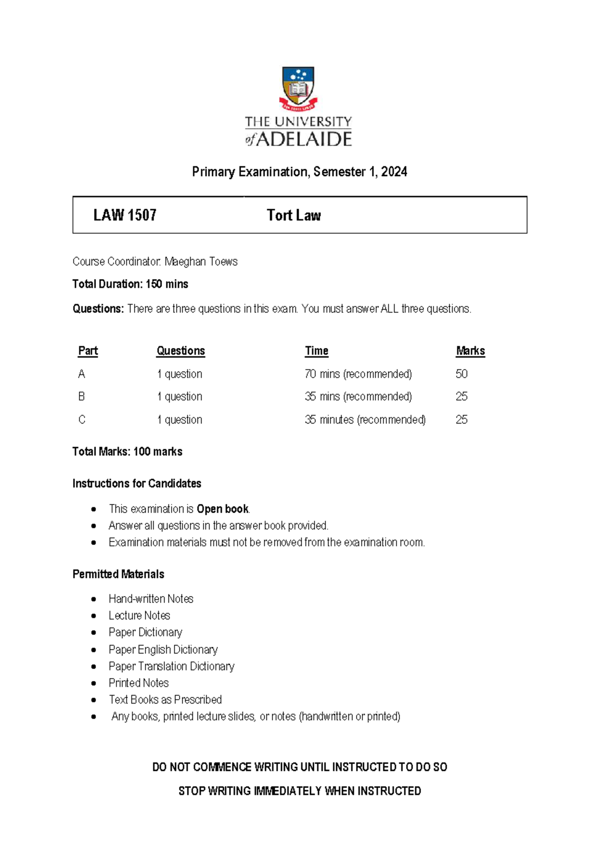 LAW 1507 Final Exam Answer Guide: Tort Law Analysis, Semester 1, 2024 ...
