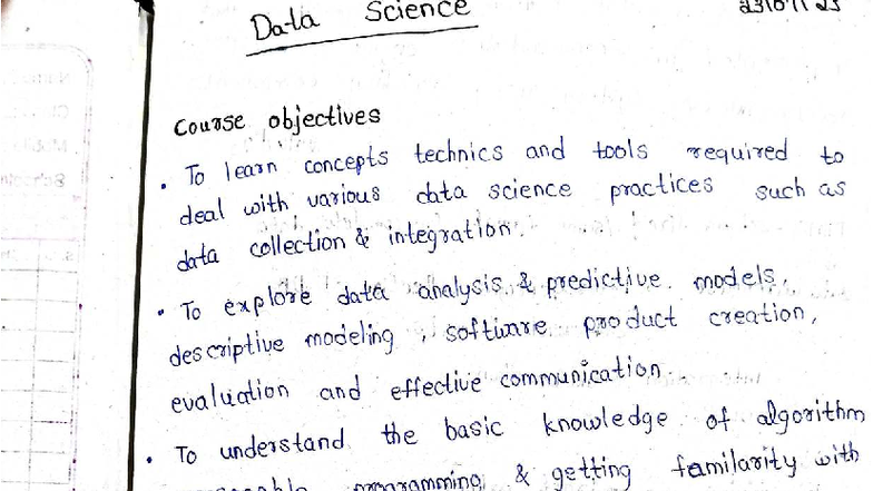 DAS 23107125 - Data Science Course Objectives and Key Concepts - Studocu