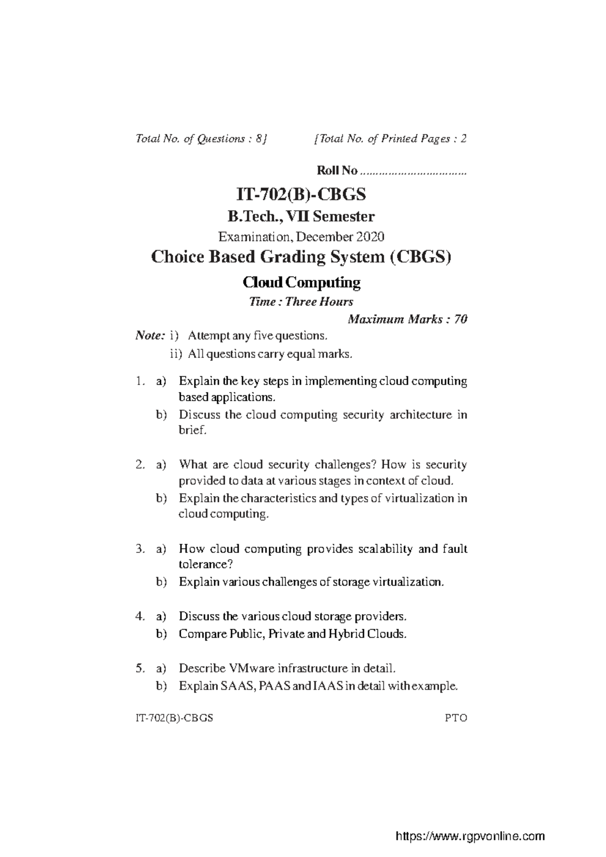 CC2020 Dec B.Tech Cloud Computing Exam QP - 5 Questions - Studocu