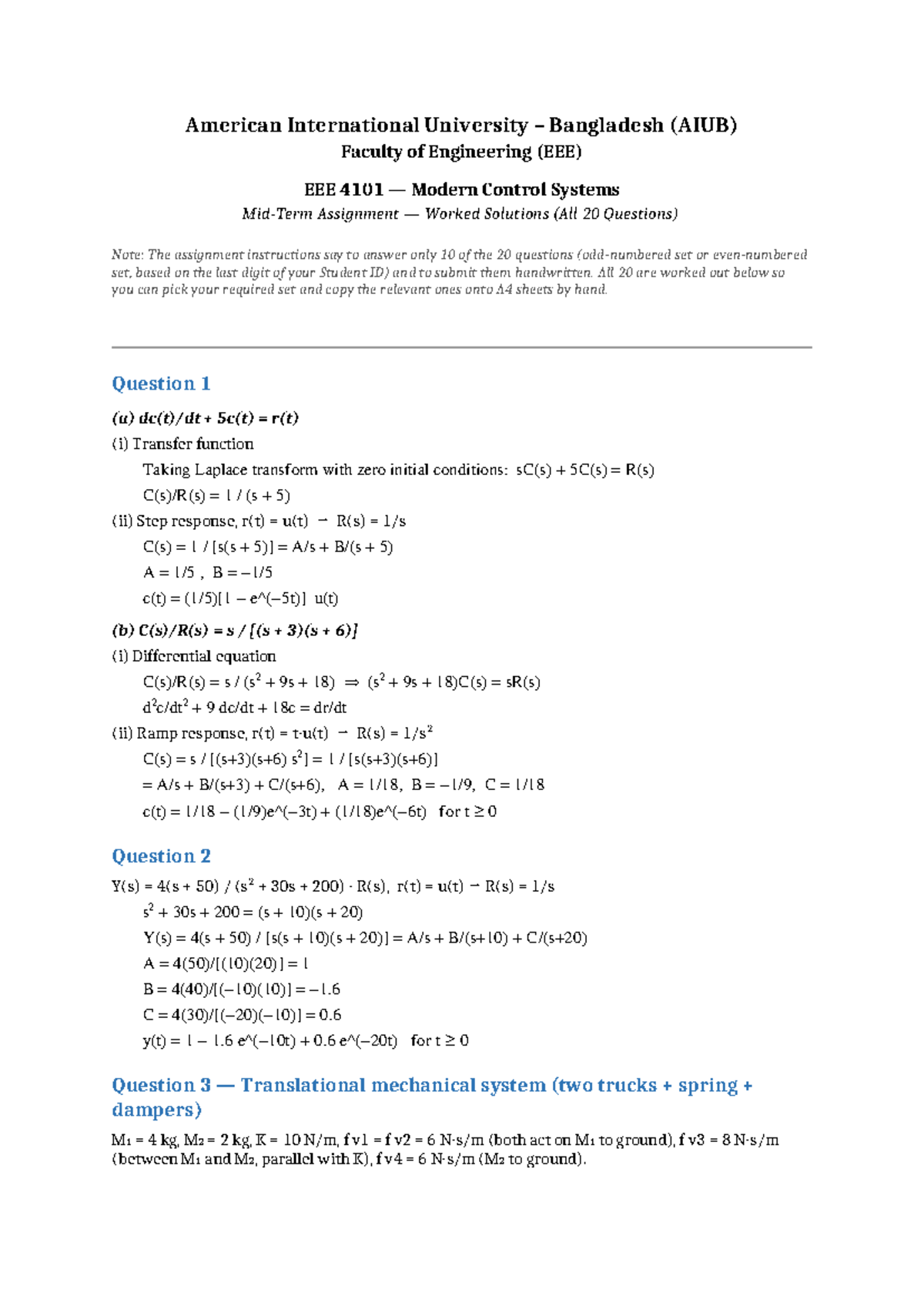 EEE4101 Mid Assignment Solutions: Worked Out Answers for All Questions ...