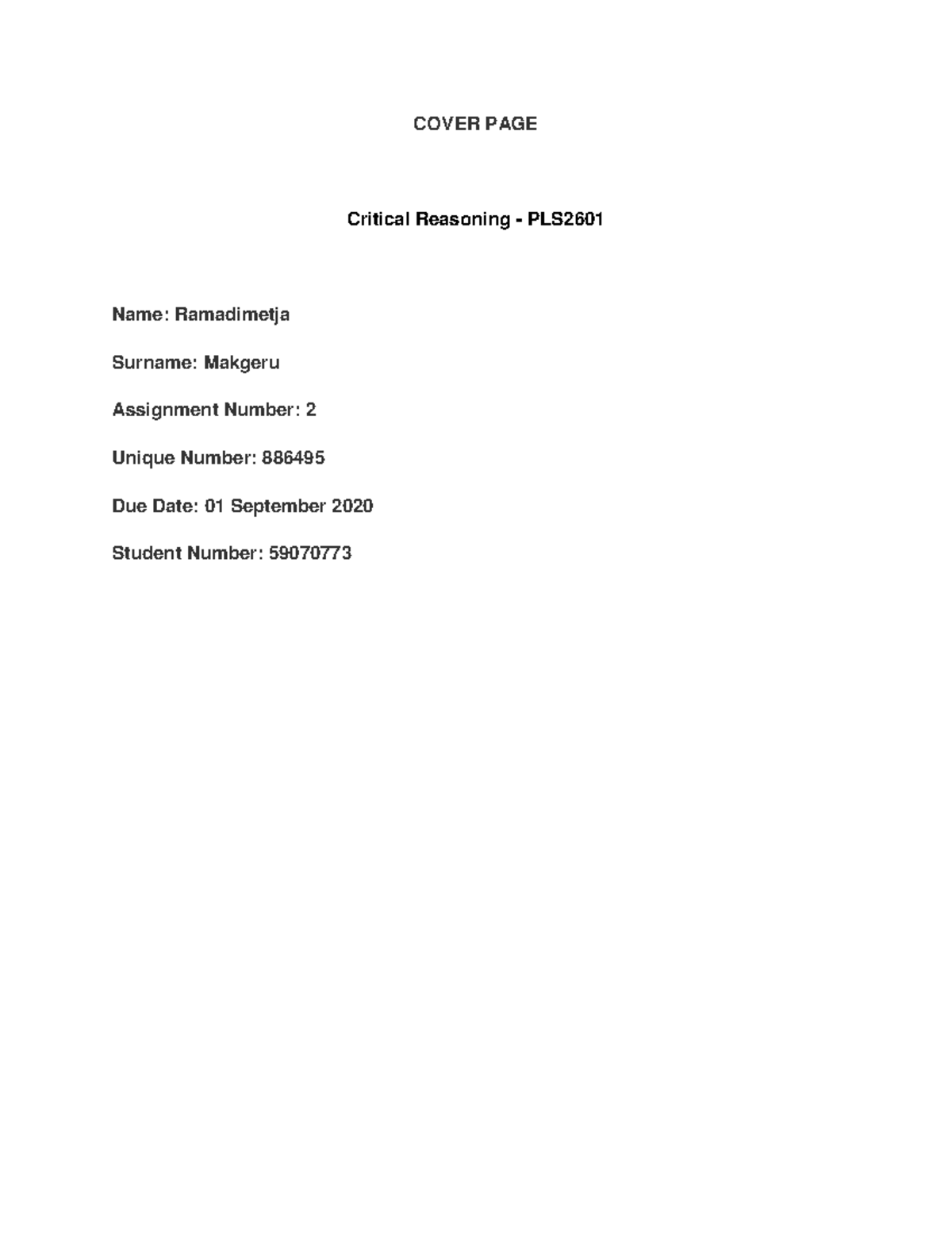 PLS2601 Critical Reasoning - Assignment 2 Analysis and Insights - Studocu