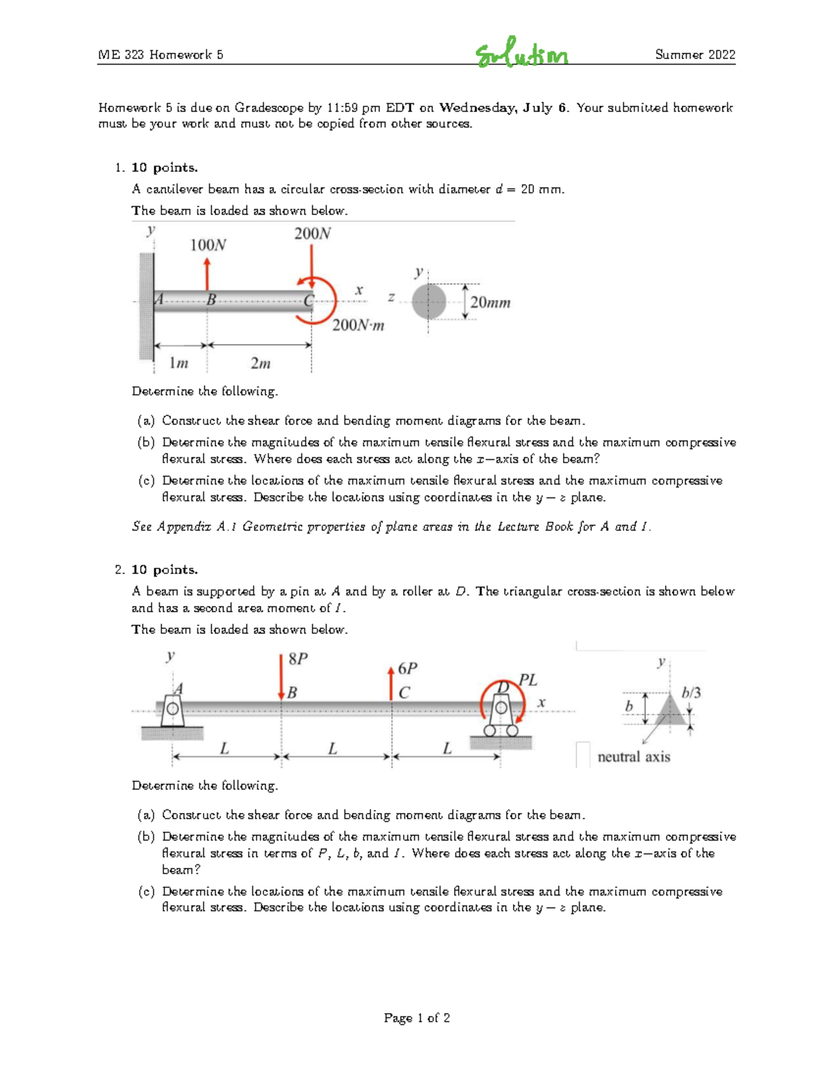 ME 323 Homework 5 Solutions - Summer 2022 Analysis of Beam Stresses ...