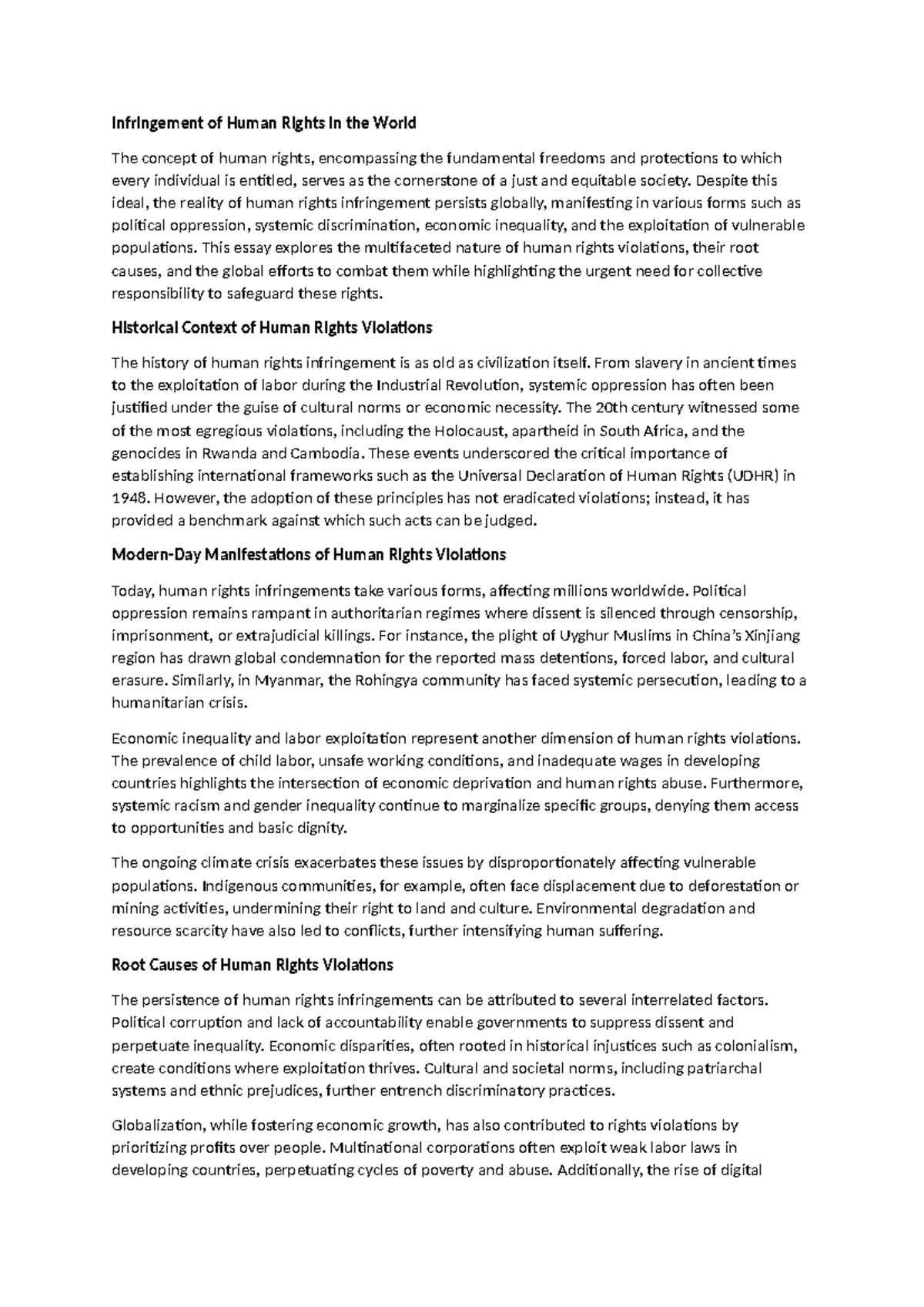 Infringement of Human Rights in the World - Despite this ideal, the ...
